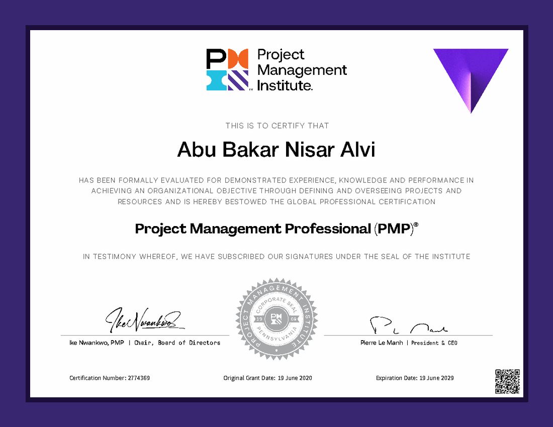 PMI Agile Certified Practitioner certificate awarded to Abu Bakar Nisar Alvi