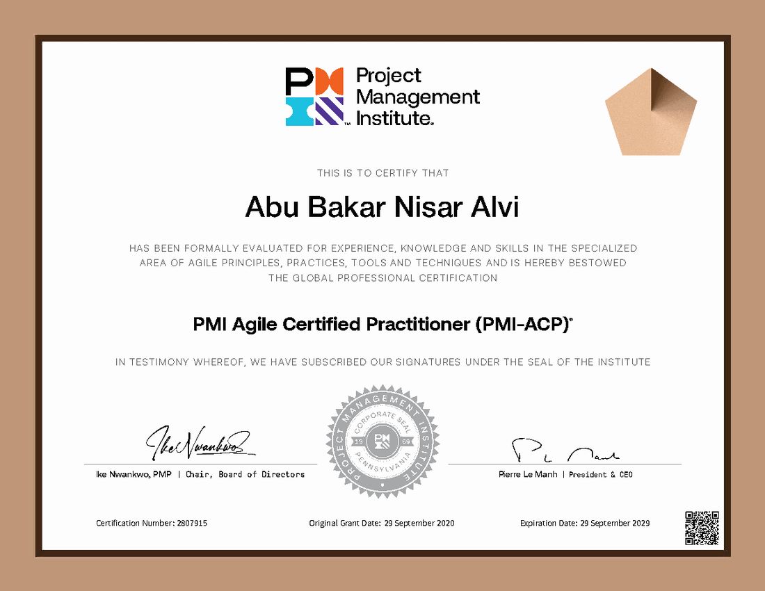 Project Management Professional certificate awarded to Abu Bakar Nisar Alvi
